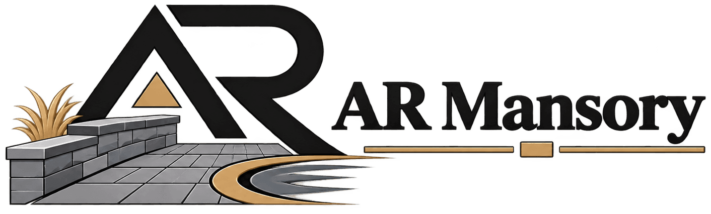 AR Mansory logo: stone wall and paver walkway forming the letters A and R
